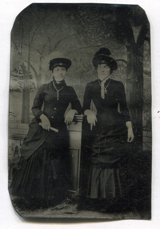 Tintype Photograph of Two Women Wearing Crucifixes