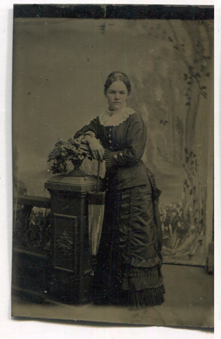 Tintype Photograph of a Young Woman with an Umbrella