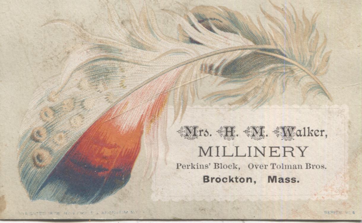 Mrs. H.M. Walker Millinery Antique Trade Card, Brockton, MA - 4" x 2.5"