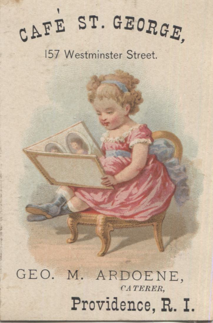 Cafe St. George, Providence, RI Antique Trade Card (Girl with Photos) - 2.5" x 3.75"
