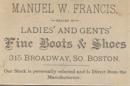 Manuel W. France Fine Boots and Shoes Antique Trade Card, Boston, MA - 2" x 3"