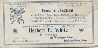 Herbert E. White Florist Antique Trade Card, South Attleboro, MA - 6" x 3"