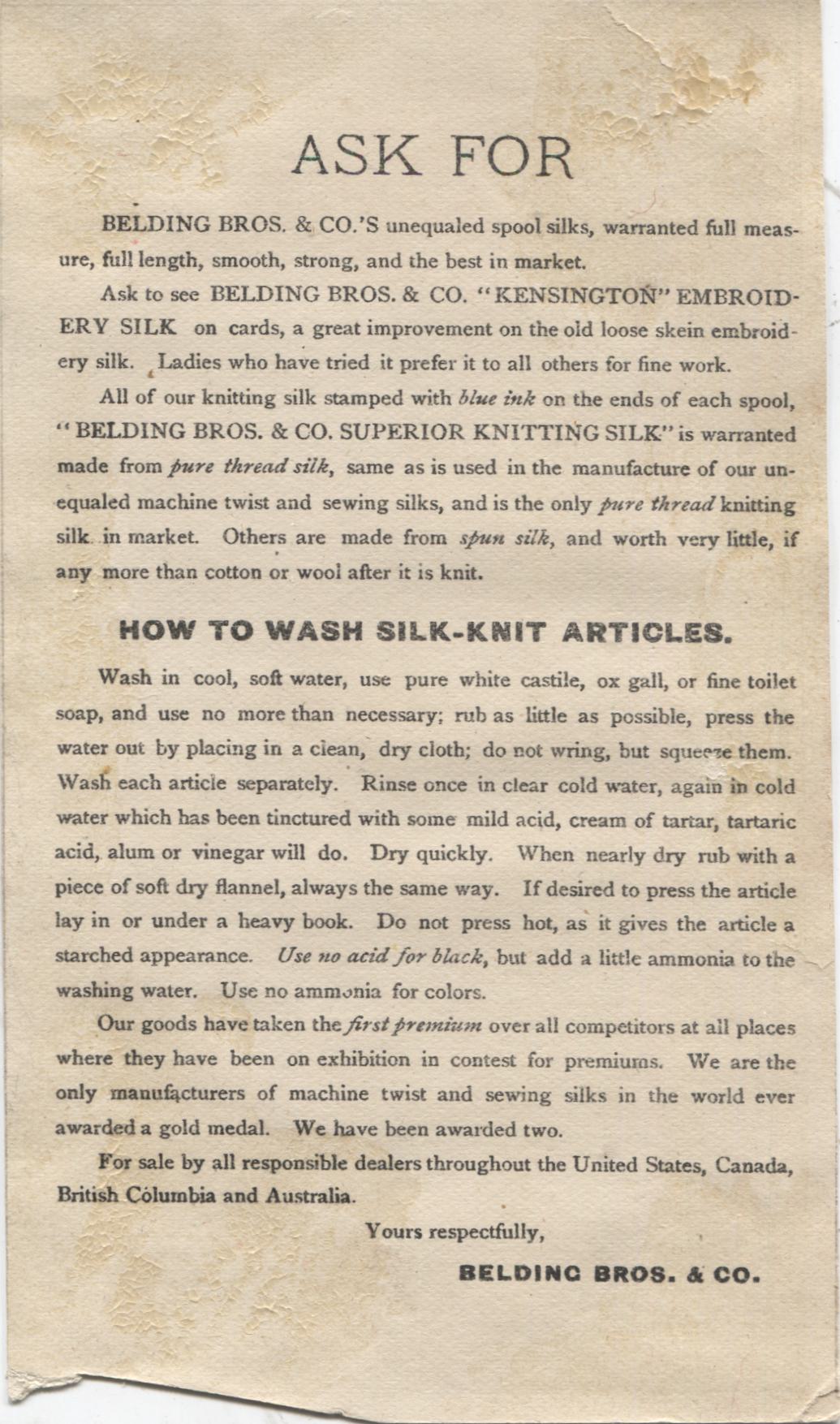 Belding Bros. & Co. Superior Spool Silk Antique Trade Card - 6" x 3.25"