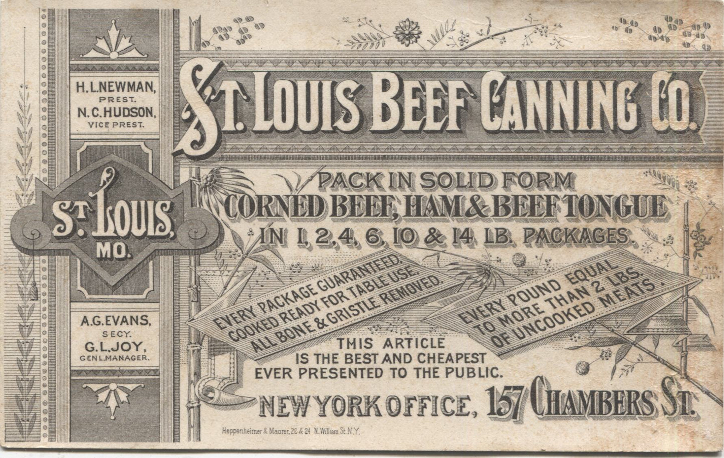 St. Louis Beef Canning Co. Antique Trade Card - 6" x 3.75"