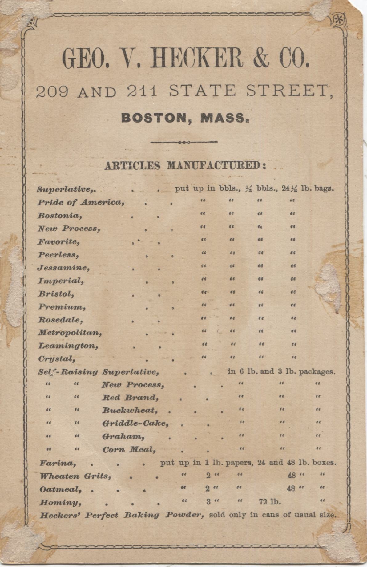 Hecker's Household Recipes Antique Trade Card, Boston, MA - 4" x 6"