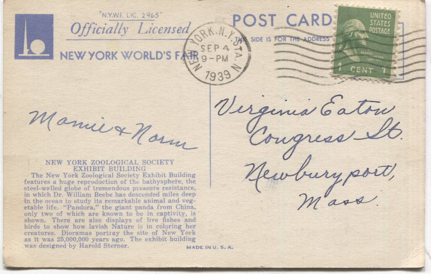 New York Zoological Society Exhibit Building, New York World's Fair Vintage Postcard