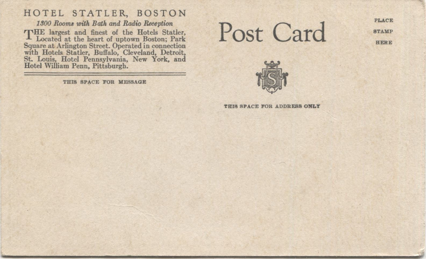 Hotel Statler, Park Square at Arlington Street, Boston, MA Vintage Postcard