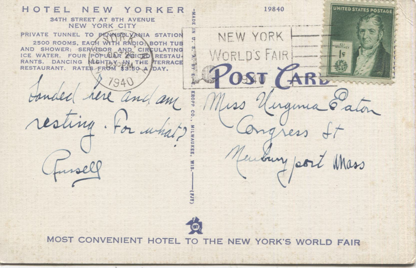 Hotel New Yorker, 34th Street at 8th Avenue, New York City Vintage Postcard