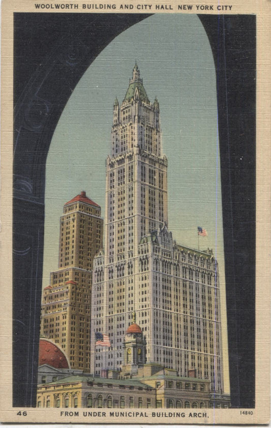 Woolworth Building and City Hall from Under Municipal Building Arch, New York City Vintage Postcard