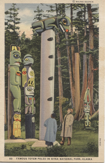 Famous Totem Poles in Sitka National Park, Alaska Vintage Postcard