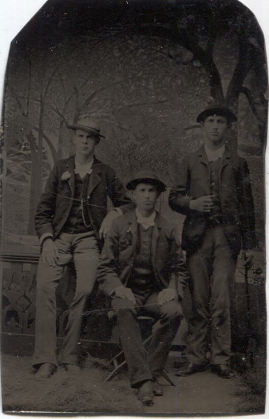 Tintype Photograph of Three Young Men Wearing Hats